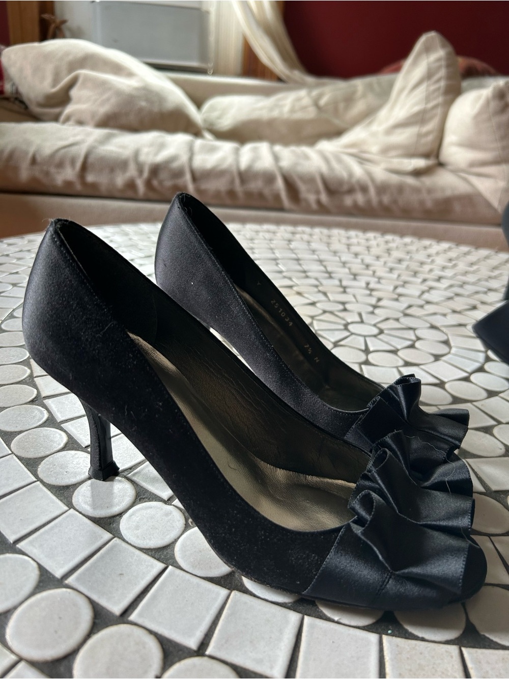 Stuart Weitzman Classic Black Satin Peep-Toe Pumps with Ruffle Accent